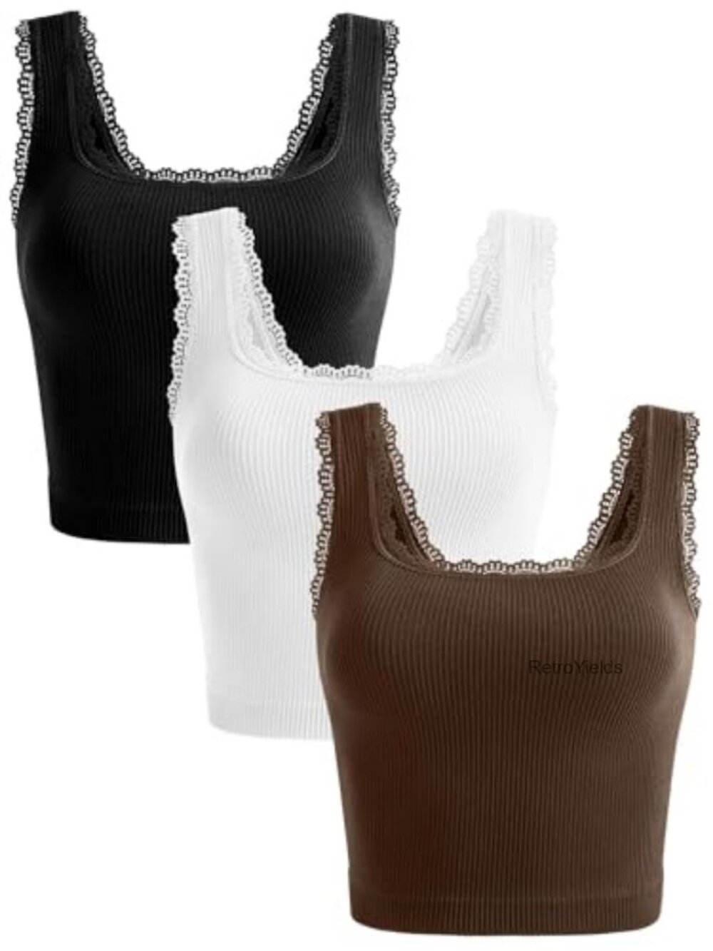 Womens 3 Pack Crop Tank Tops Square Neck Lace Trim Ribbed Cami Sleeveless
